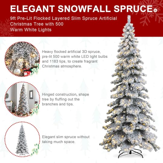9ft. Pre-Lit Flocked Layered Spruce Artificial Christmas Tree, Warm White LED Lights